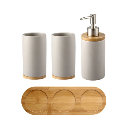 Matte ceramic soap dispenser set on bamboo tray – dispenser and 2 tumblers, grey – ShowerNest Australia