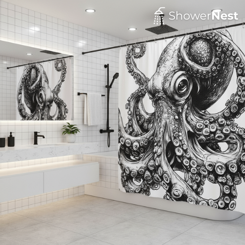 White Shower Curtain – Octopus Black & White Ink Design