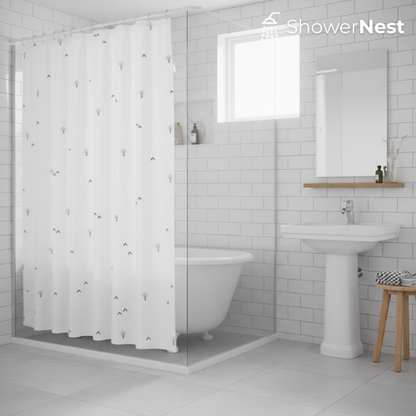 White Shower Curtain – Minimalist Tree & Bird Pattern Waterproof