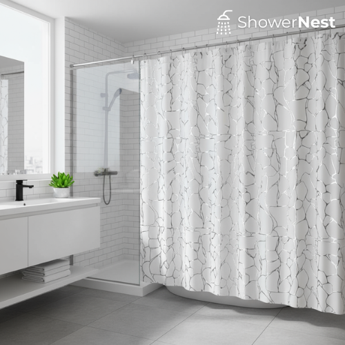 White and Silver Shower Curtain – Geometric Polyester Design | ShowerNest