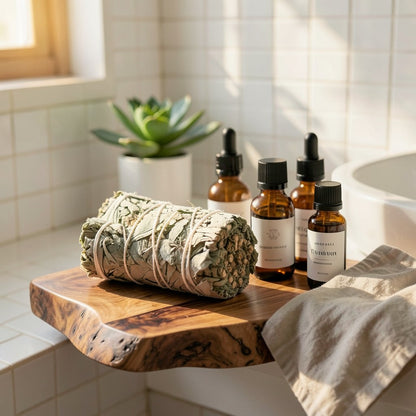 White sage smudge stick on a rustic wooden tray next to amber essential oil bottles, bathroom cleansing aromatherapy ritual -ShowerNest Australia