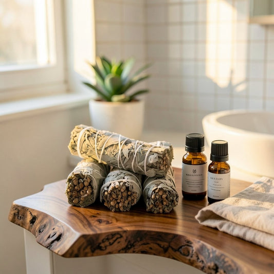 A styled spa-like scene showing a bundle of dried sage smudge sticks resting on a wooden slab beside two small amber bottles and a folded towel. The background includes a bright bathroom or studio setting with a tiled wall, window light, and a potted plant.