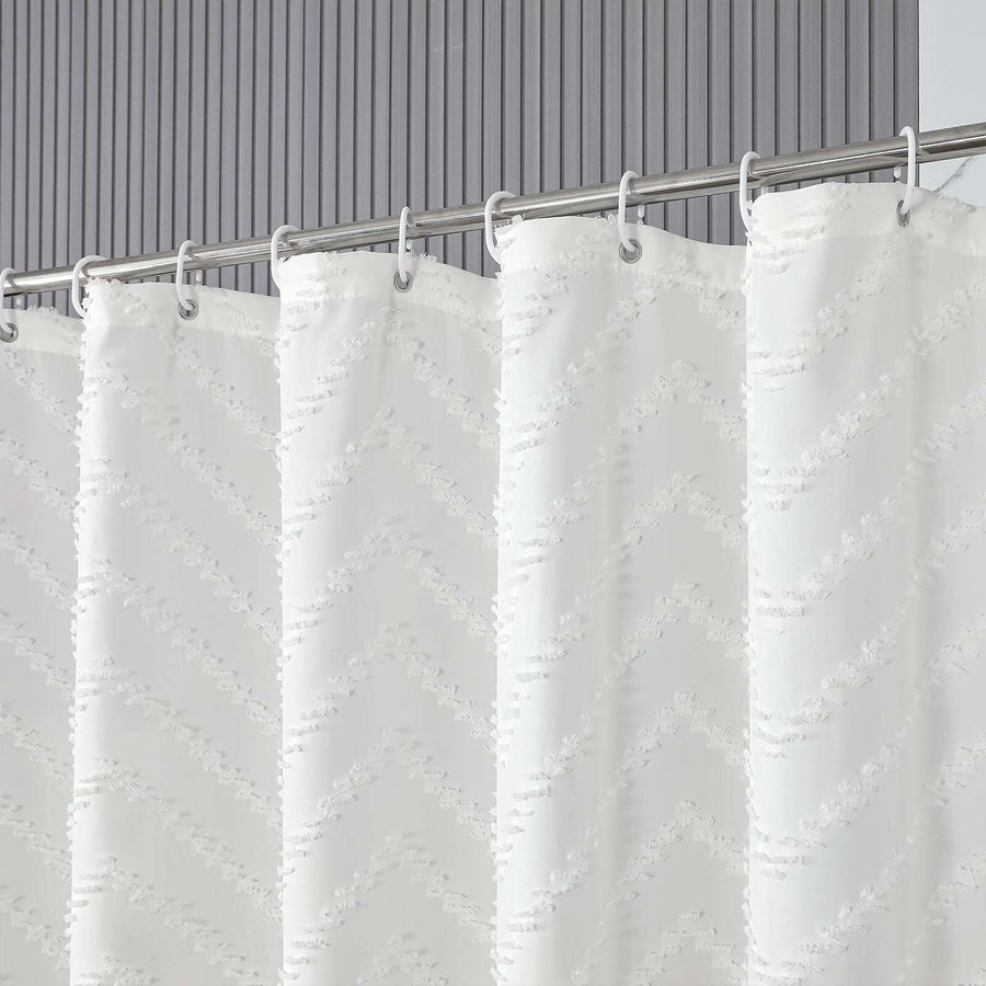 White Extra Long Shower Curtain – Bohemian Tufted Striped