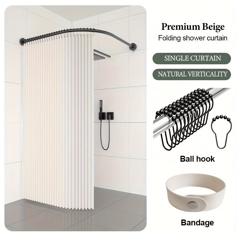 Grey Shower Curtain - Space-Saving Foldable Bathroom Curtain with Hooks & Storage Straps, Curved Design for Privacy - Easy-Clean Polyester Fabric, Ideal for Small Bathrooms & Contemporary Decor, Minimalist Aesthetic, Highqual