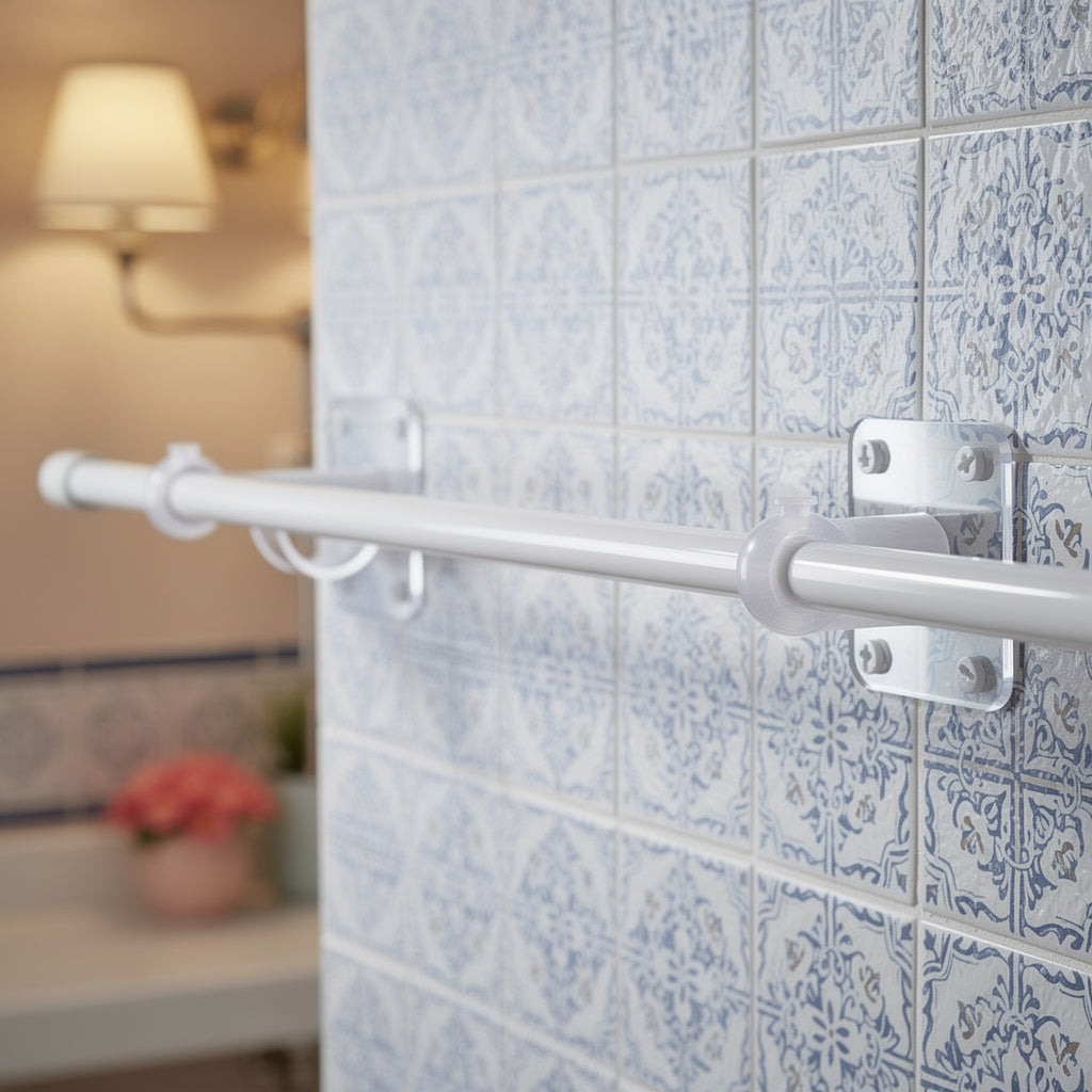 Adhesive shower rod brackets supporting a tension rod on tiles