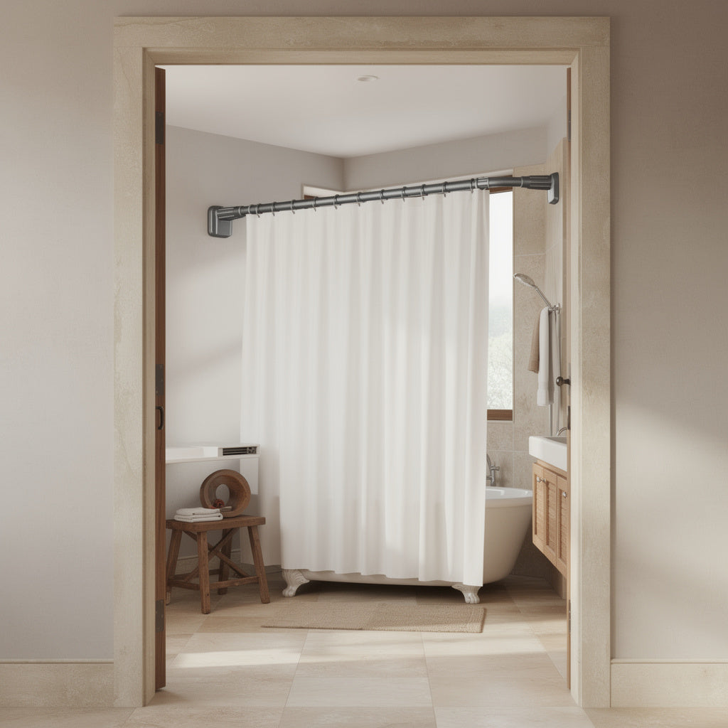 Stainless steel tension shower rod with white curtain