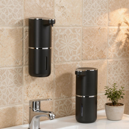 Touchless automatic soap dispenser in a Mediterranean bathroom