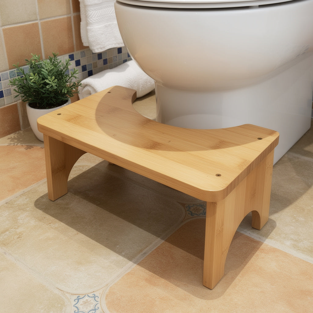 Bamboo toilet step stool in a Mediterranean bathroom