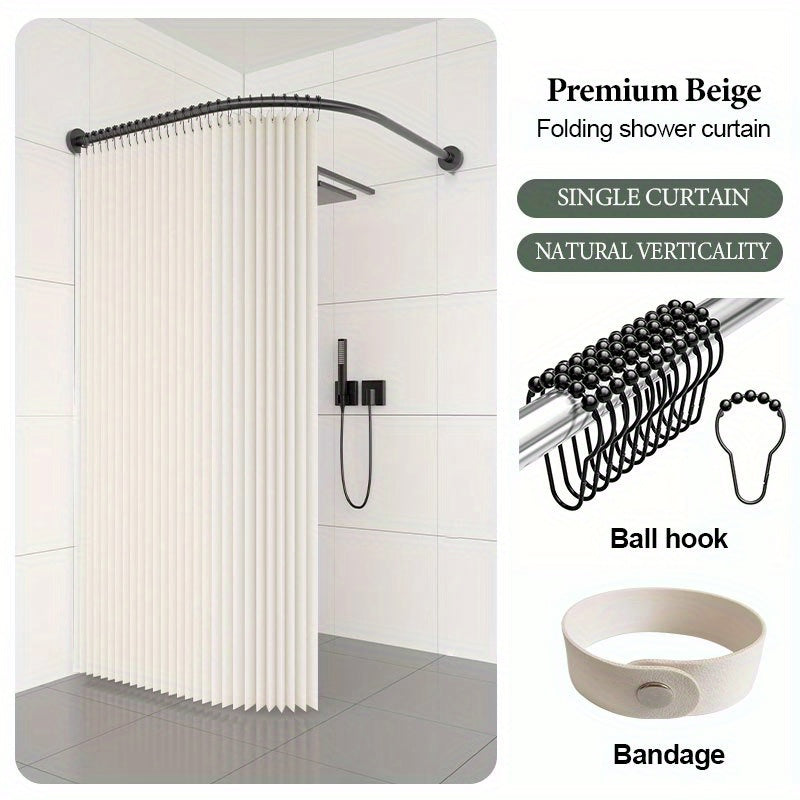 Grey Shower Curtain - Space-Saving Foldable Bathroom Curtain with Hooks & Storage Straps, Curved Design for Privacy - Easy-Clean Polyester Fabric, Ideal for Small Bathrooms & Contemporary Decor, Minimalist Aesthetic, Highqual