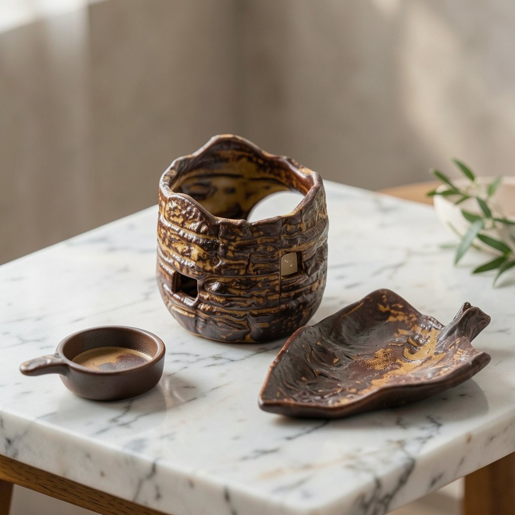Handcrafted ceramic leaf wax melt burner set with textured tree bark finish and leaf dish on a marble bathroom counter — ShowerNest Australia