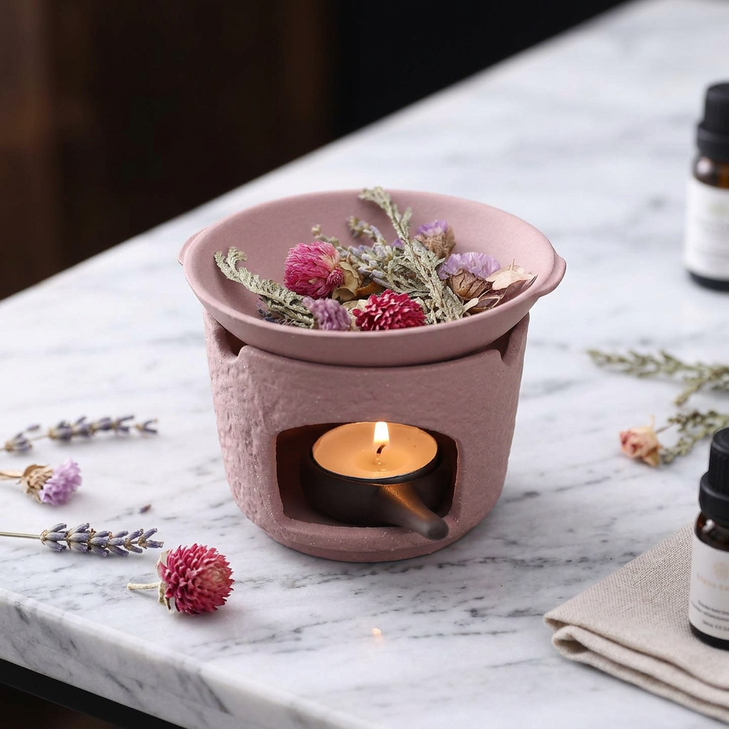 Pink Japanese ceramic wax melts burner held in hands with burning tealight candle and beautiful dried pink botanicals inside the dish -ShowerNest Australia