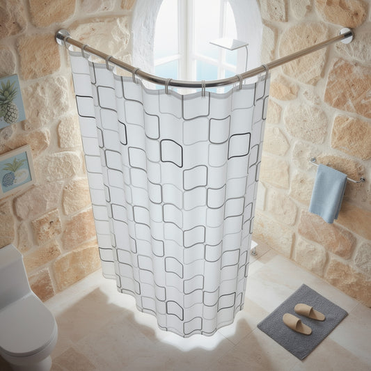 Bent corner shower rod with curtain against a stone wall