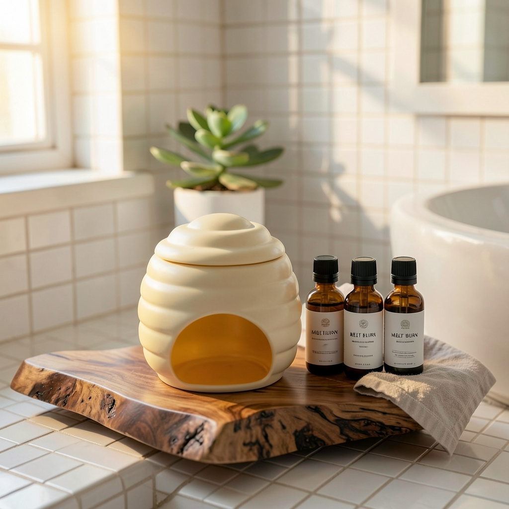 Studio front shot of the vibrant creamy ceramic honeycomb wax melts burner with its matching removable lid on a clean background -ShowerNest Australia