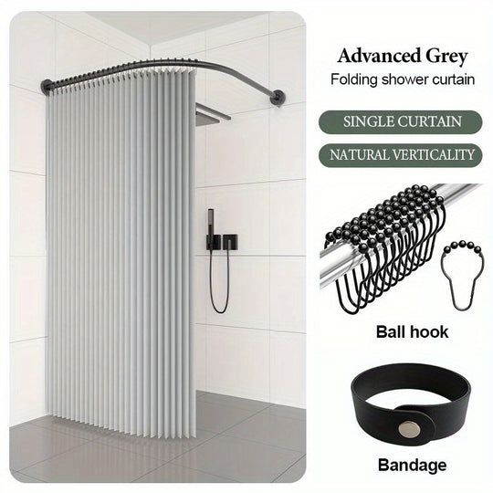 Grey Shower Curtain - Space-Saving Foldable Bathroom Curtain with Hooks & Storage Straps, Curved Design for Privacy - Easy-Clean Polyester Fabric, Ideal for Small Bathrooms & Contemporary Decor, Minimalist Aesthetic, Highqual