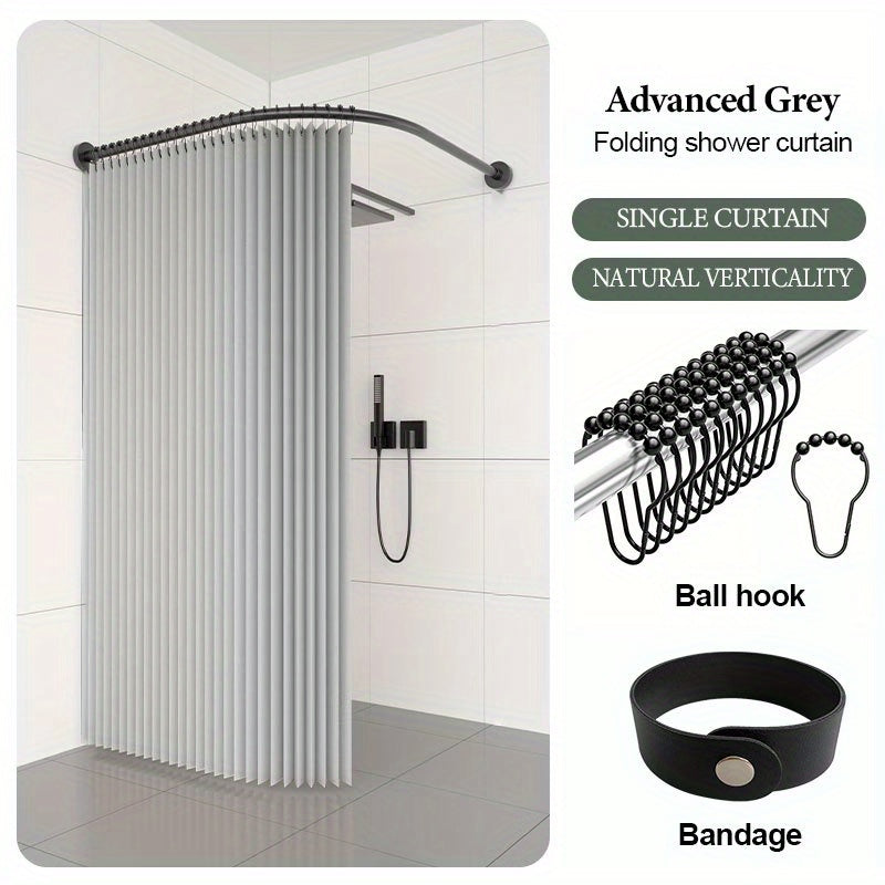 Grey Shower Curtain - Space-Saving Foldable Bathroom Curtain with Hooks & Storage Straps, Curved Design for Privacy - Easy-Clean Polyester Fabric, Ideal for Small Bathrooms & Contemporary Decor, Minimalist Aesthetic, Highqual