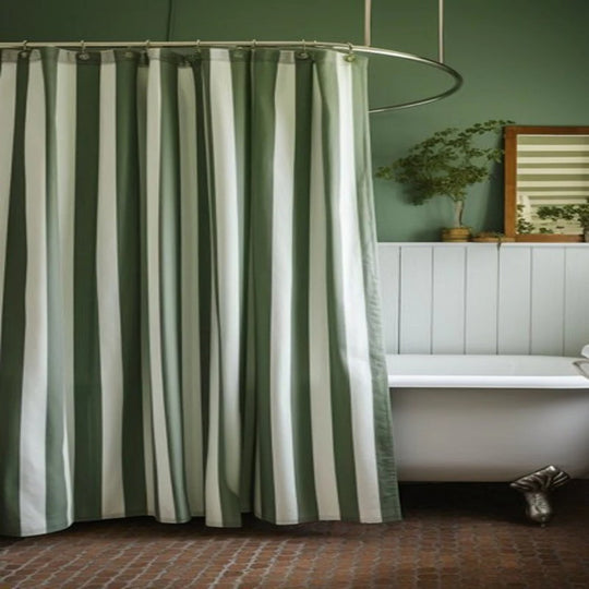 Green Shower Curtain – Rustic Farmhouse Vertical Stripes