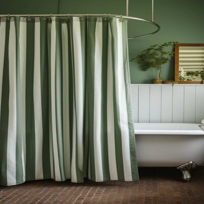Green Shower Curtain – Rustic Farmhouse Vertical Stripes