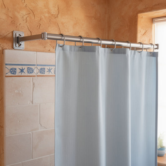 Folding corner shower curtain rod with curtain in a Mediterranean bathroom