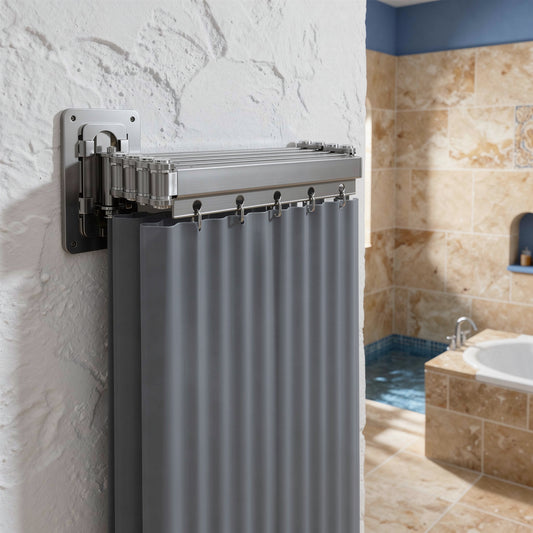 Wall mounted fold away shower rail with grey curtain