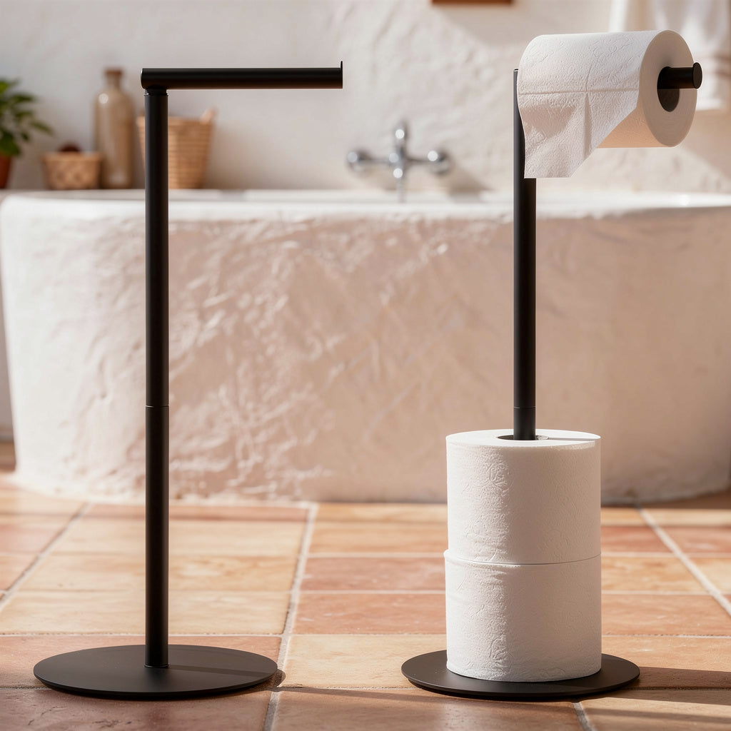 Black free standing toilet roll holder on terracotta floor tiles