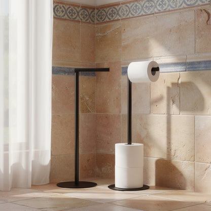 Free standing toilet paper stand in a Mediterranean stone bathroom