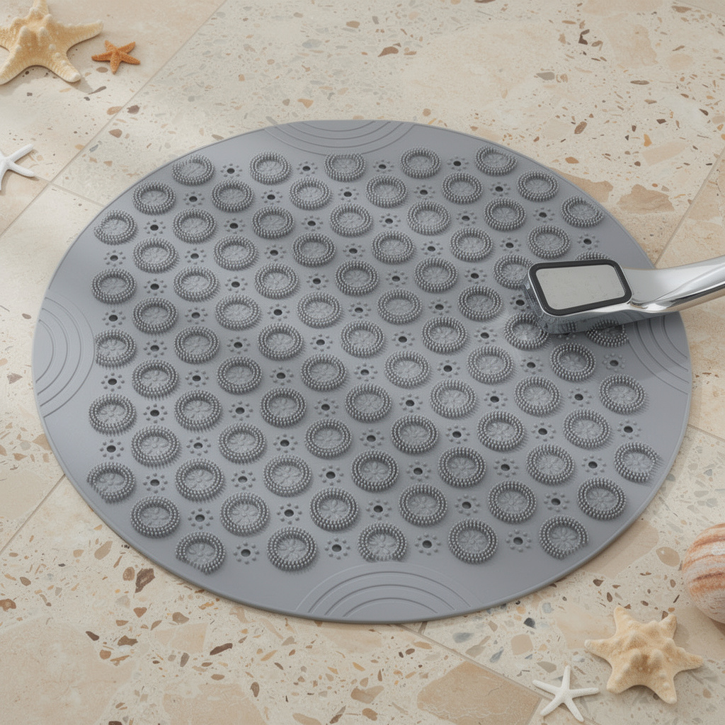 grey round suction shower mat with drain holes on a tiled floor – ShowerNest