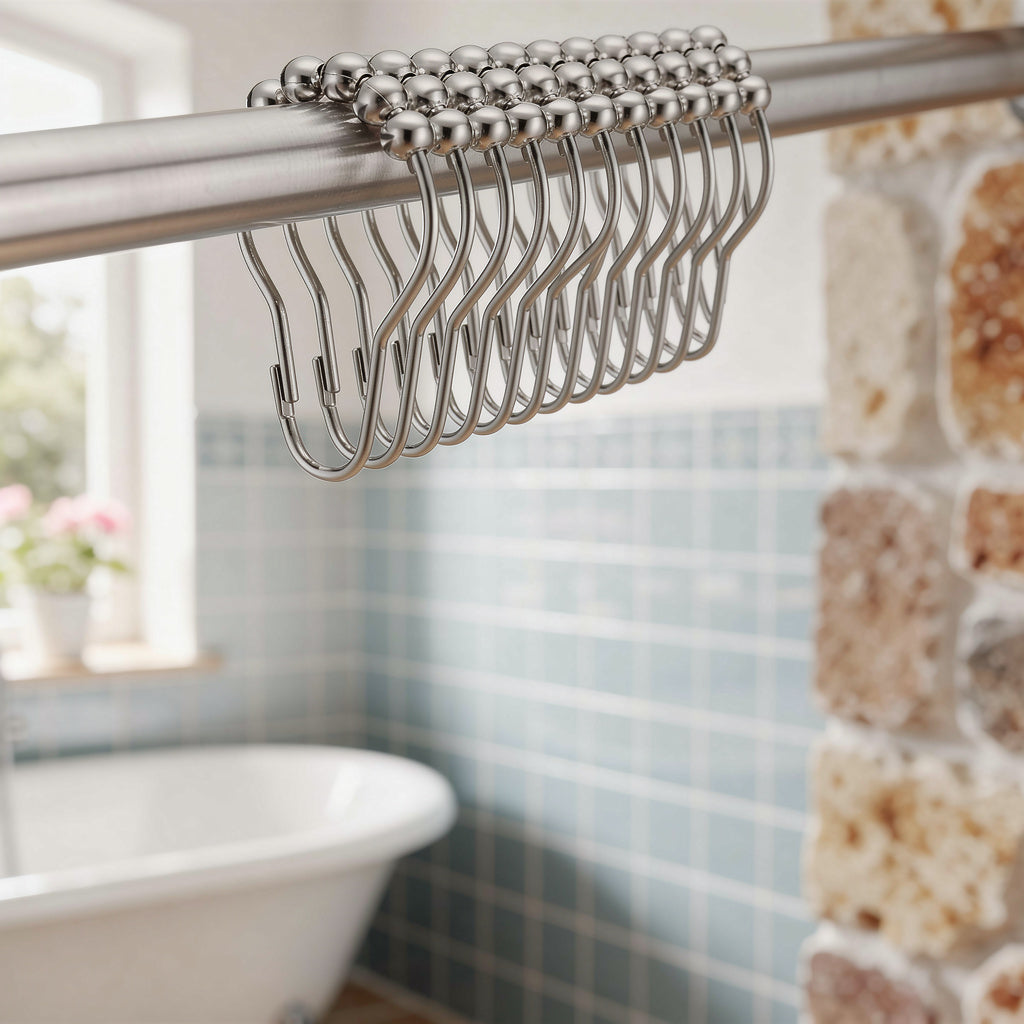 Polished metal shower curtain rings on a rod in a Mediterranean bathroom
