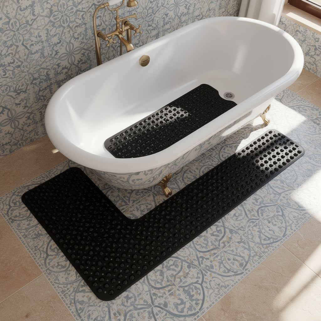 Extra long non slip bath tub mat in a freestanding tub