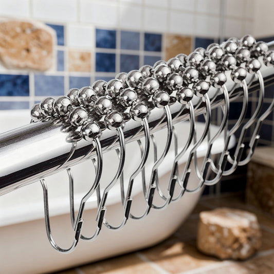 Rustproof roller ball curtain hooks against blue tiles
