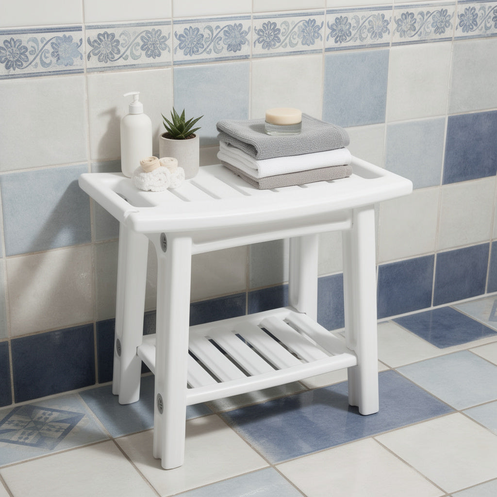 White shower bench with storage shelf in a Mediterranean bathroom