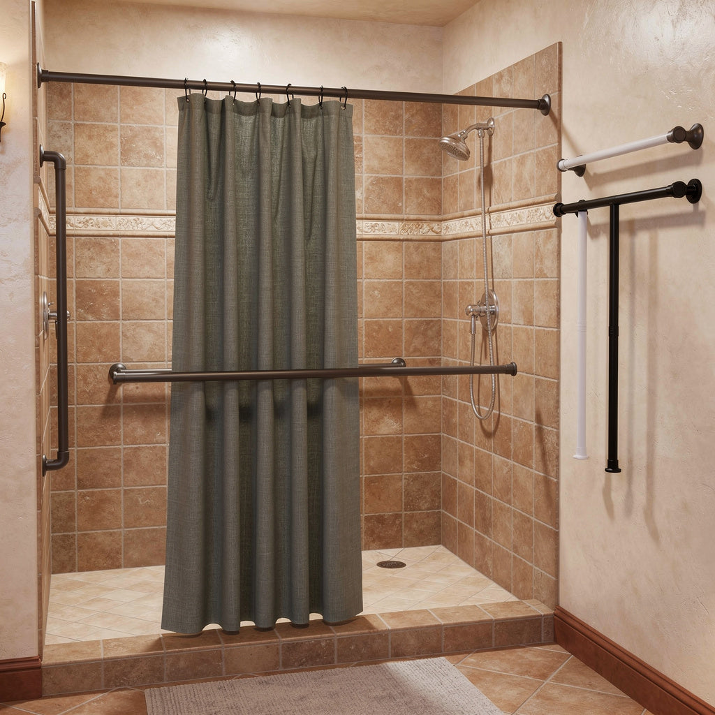 Black tension shower curtain rod in a stone Mediterranean shower