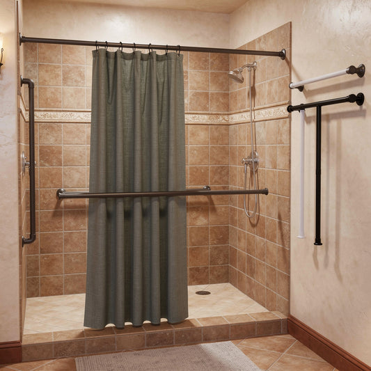 Black tension shower curtain rod in a stone Mediterranean shower