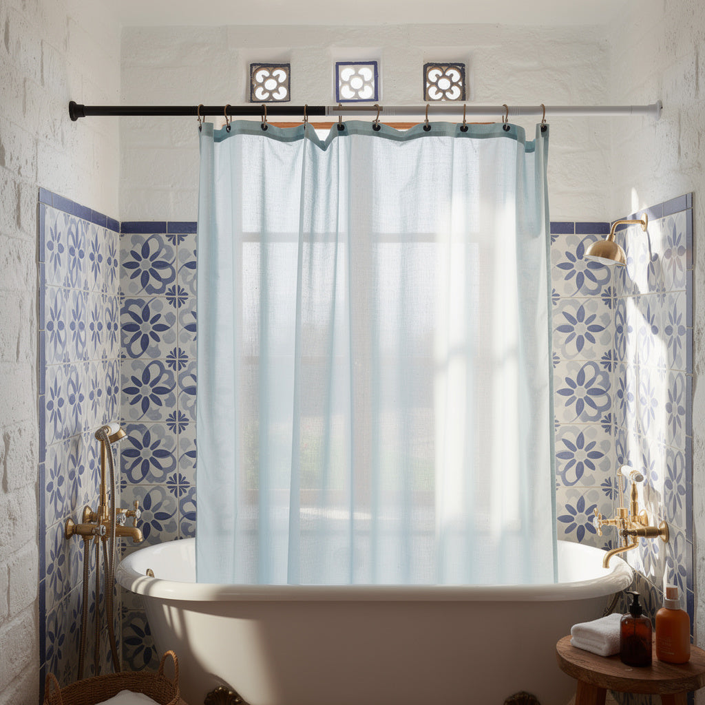 No drill shower curtain rod with white curtain and patterned tiles