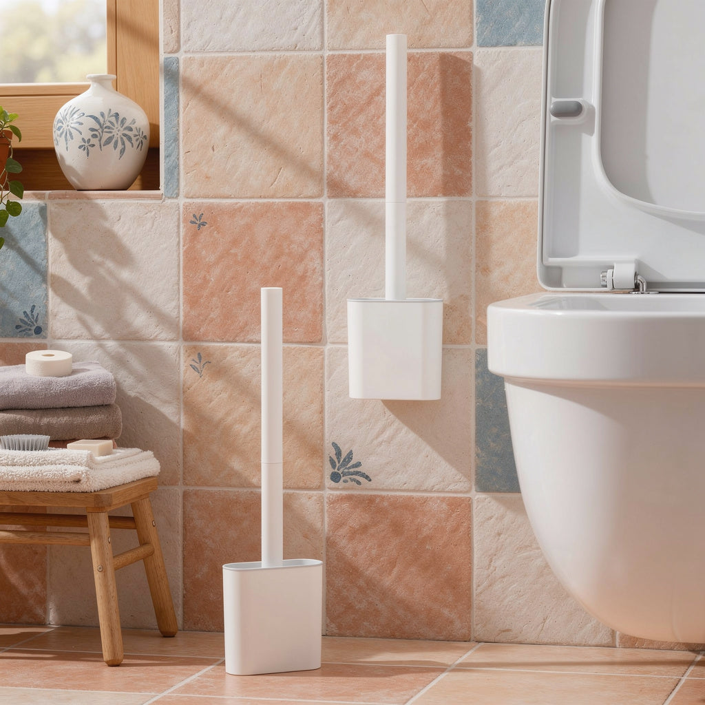 White silicone toilet brush and holder on Mediterranean tiles