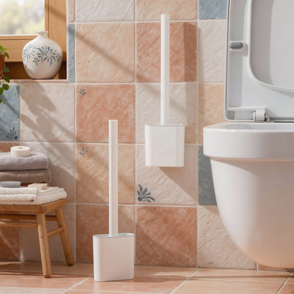 White silicone toilet brush and holder on Mediterranean tiles