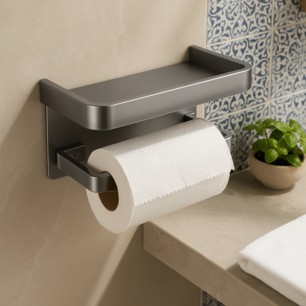 Toilet roll holder with storage shelf on Mediterranean tiles