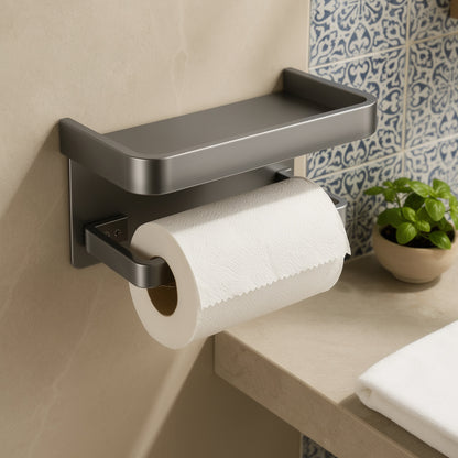 Toilet roll holder with storage shelf on Mediterranean tiles