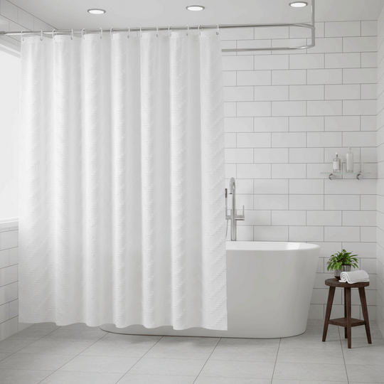 White Extra Long Shower Curtain – Bohemian Tufted Striped