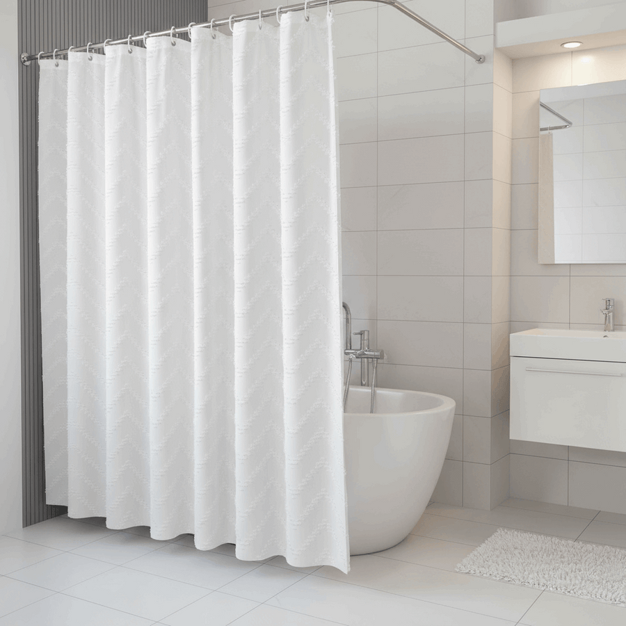 White Extra Long Shower Curtain – Bohemian Tufted Striped