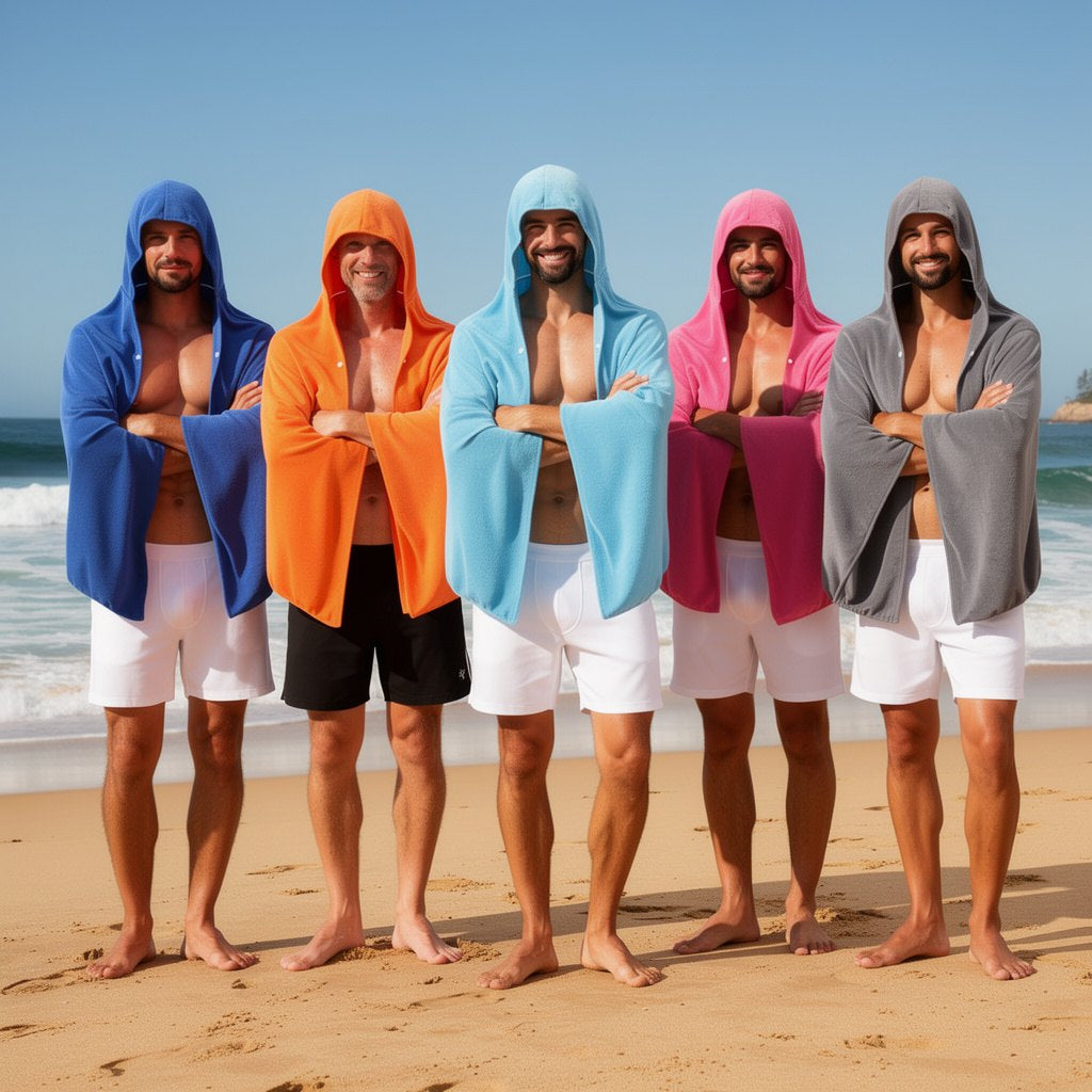 Group of friends wearing colourful cooling mesh hooded towels on the beach – ShowerNest Australia