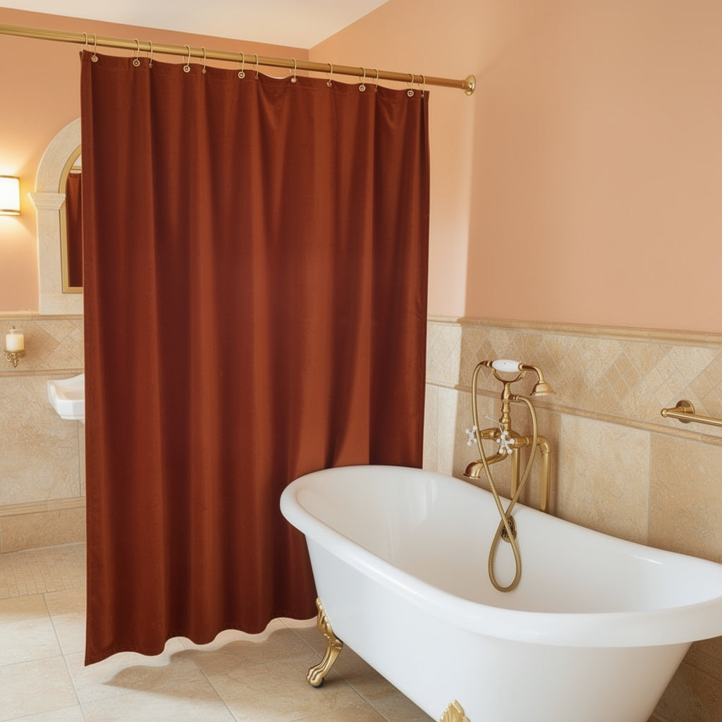 Caramel velvet shower curtain with gold ring hooks