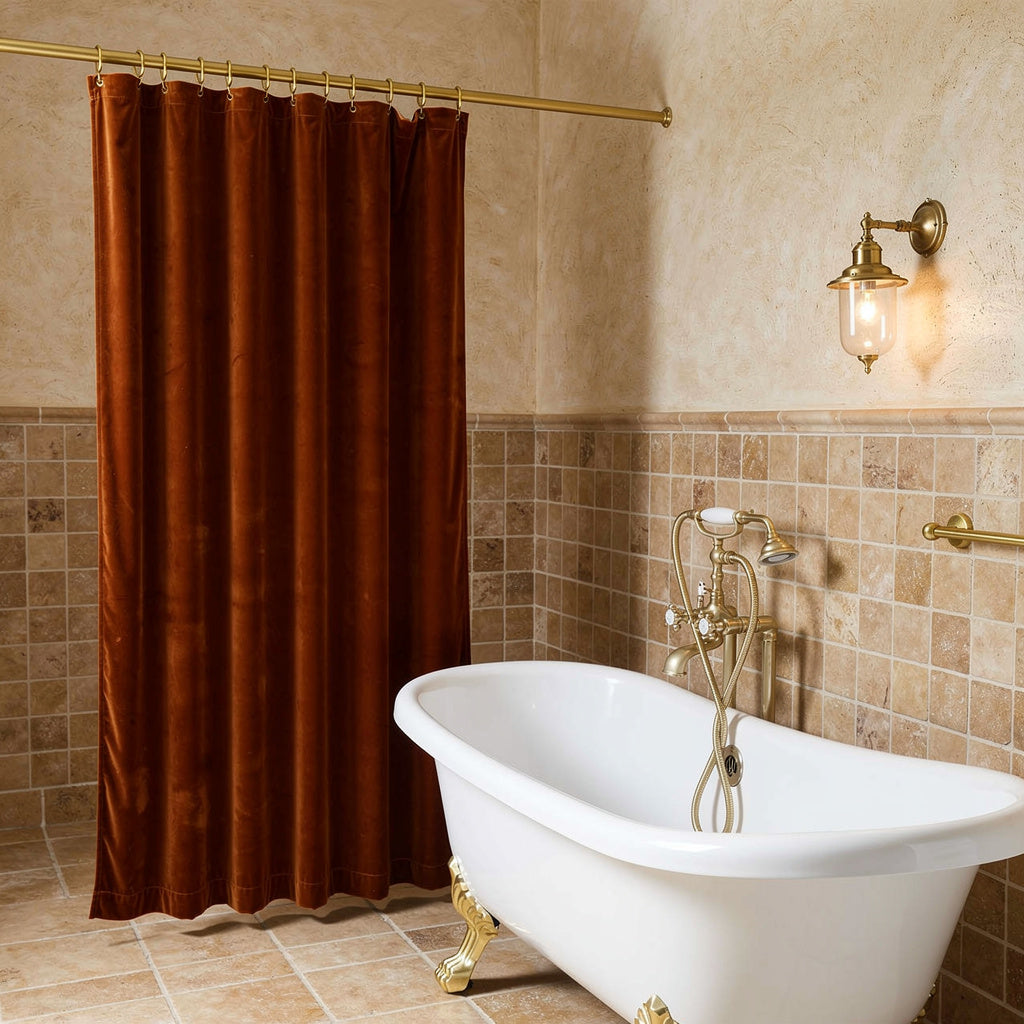 Caramel velvet shower curtain with gold ring hooks – view 2