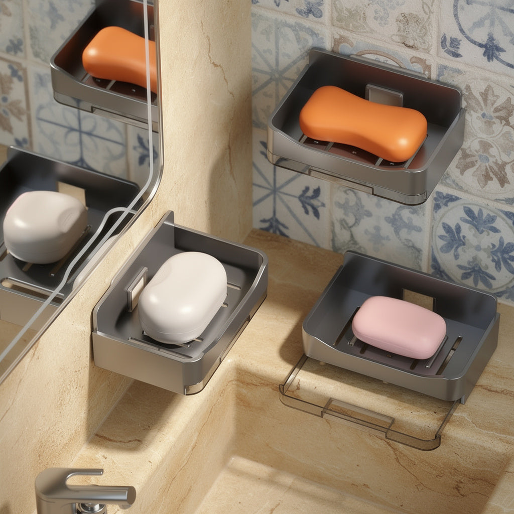 Wall mounted soap holders on blue Mediterranean tiles