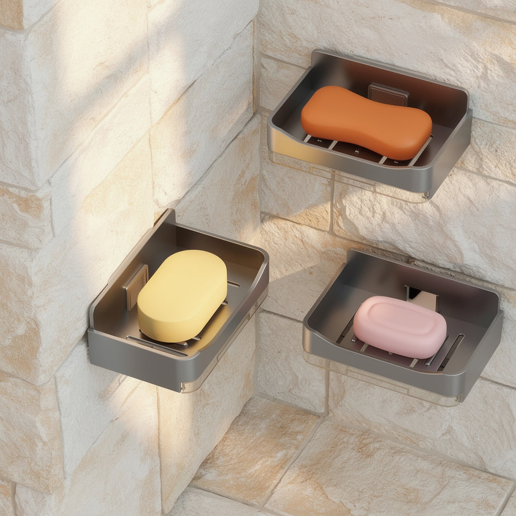 No drill shower soap holder in a sunlit stone bathroom