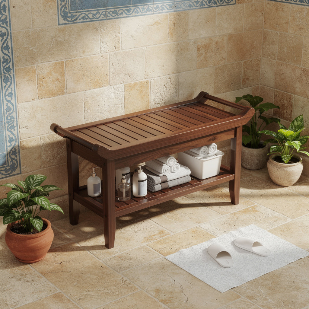 Walnut shower bench with lower shelf on stone tiles