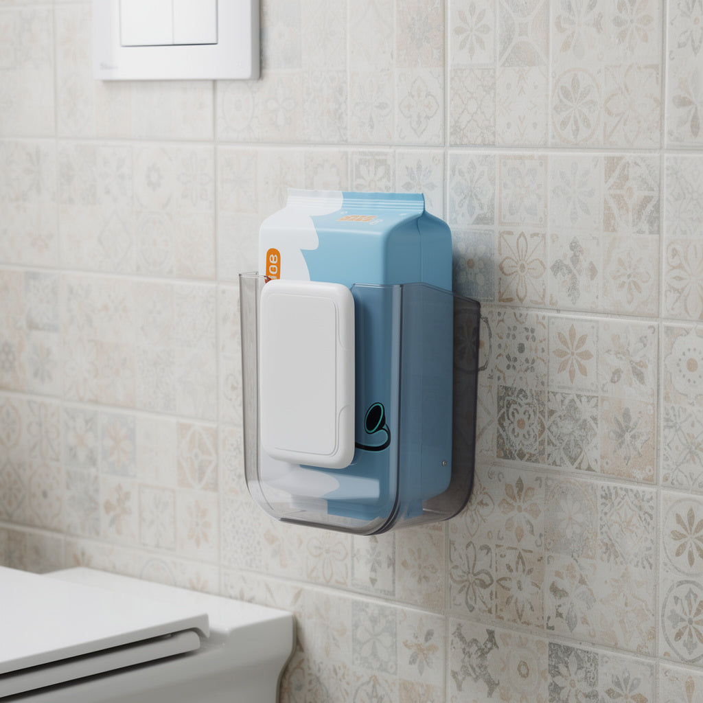 Clear wall-mounted wet wipes dispenser beside a toilet