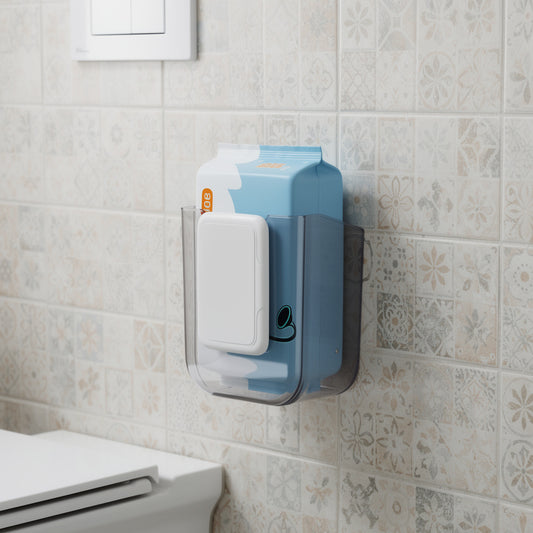 Clear wall-mounted wet wipes dispenser beside a toilet