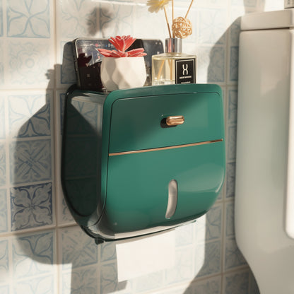 Double-layer toilet roll holder with shelf in a Mediterranean bathroom