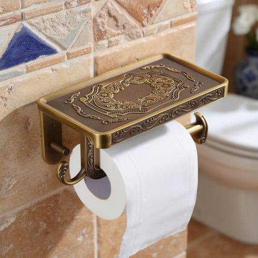 Antique brass toilet paper holder with carved shelf – view 2