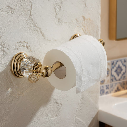 Gold crystal toilet paper holder on a limewashed wall – view 2